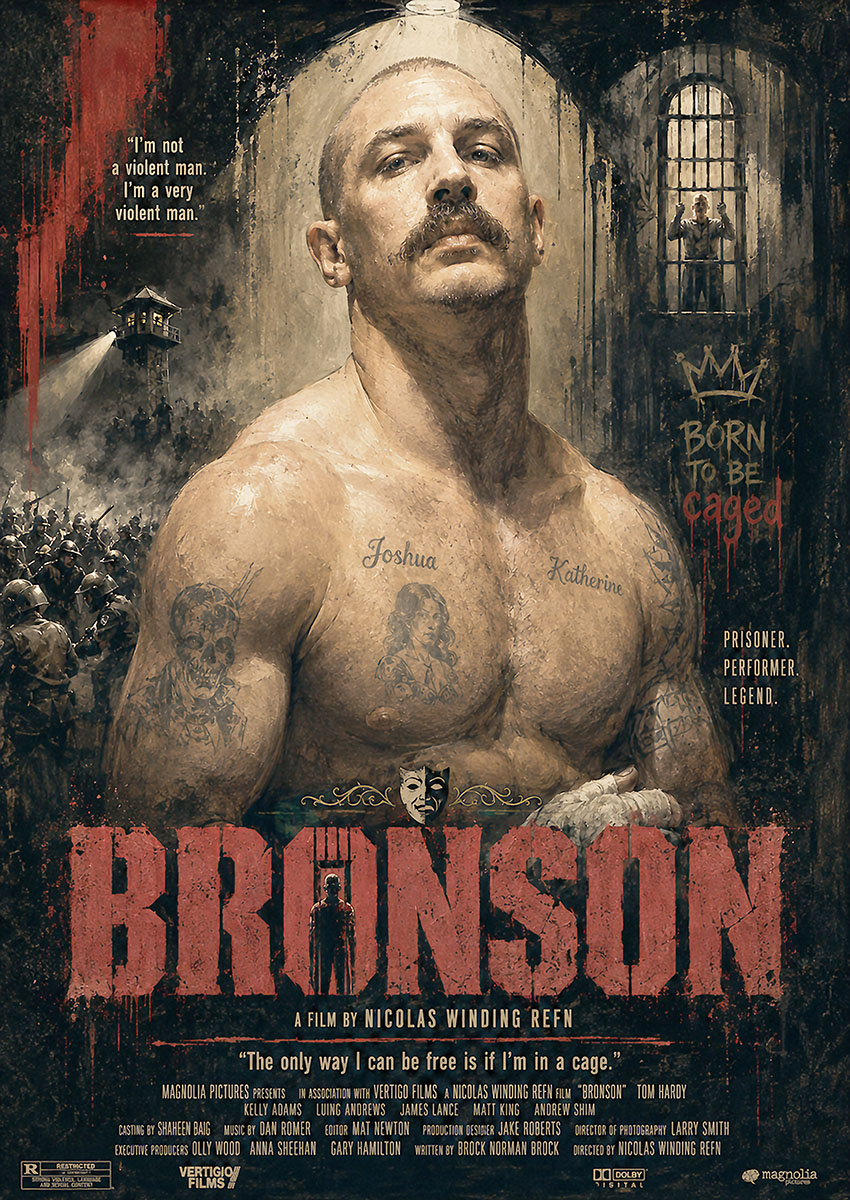 Cinematic art print of the Bronson movie poster featuring Tom Hardy in a gritty, dark artistic style